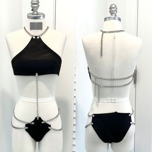 NWOT Dolls Kill Kikiriki faux leather chain halter bodysuit